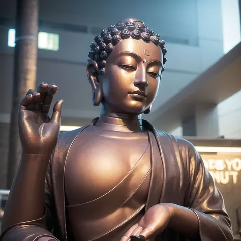 <lora:zyd232_BuddhaStatue_v1.1:0.7>, buddha statue, (metal:1.5), smooth, upper body, (gloriole:2), ray tracing, (cyborg:1.5), (cyberpunk:1.5), (photorealistic:1.4), (best quality:1.0), (ultra highres:1.0), 8k, RAW photo, (masterpiece:0.2), ultra-detailed, 1male, detailed skin, (half closed eyes:1.2),