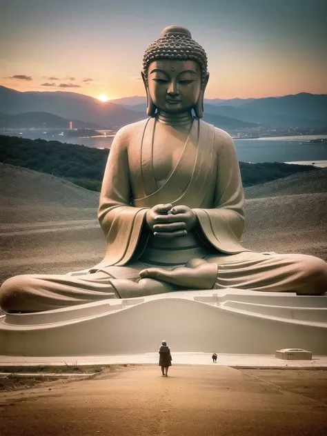 (giant tall buddha statue upper body far away:1.5, <lora:zyd232_BuddhaStatue_v1.1:0.8>), (cyberpunk city background:1.2), , (photorealistic:1.4), (best quality:1.0), (ultra highres:1.0), 8k, RAW photo, (masterpiece:0.2), ultra-detailed, (pilgrims from behind on road:0.8),