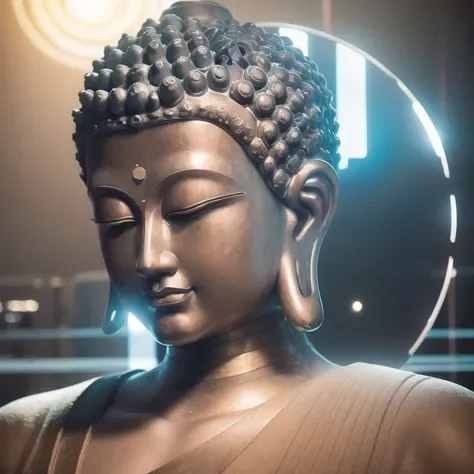 <lora:zyd232_BuddhaStatue_v1.1:0.8>, buddha statue, (metal:1.5), smooth, upper body, (light disk behind head:2), bright, ray tracing, (cyberpunk:1.6), (photorealistic:1.4), (best quality:1.0), (ultra highres:1.0), 8k, RAW photo, (masterpiece:0.2), ultra-detailed, 1male, portrait, detailed skin, (half closed eyes:1.2), sitting