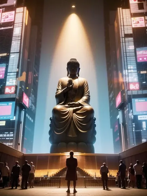 (giant tall buddha statue front meditating far away:1.2, <lora:zyd232_BuddhaStatue_v1.1:0.5>), (cyberpunk background:1.5), (photorealistic:1.4), (best quality:1.0), (ultra highres:1.0), 8k, RAW photo, (masterpiece:0.2), ultra-detailed, (crowd from behind:1),