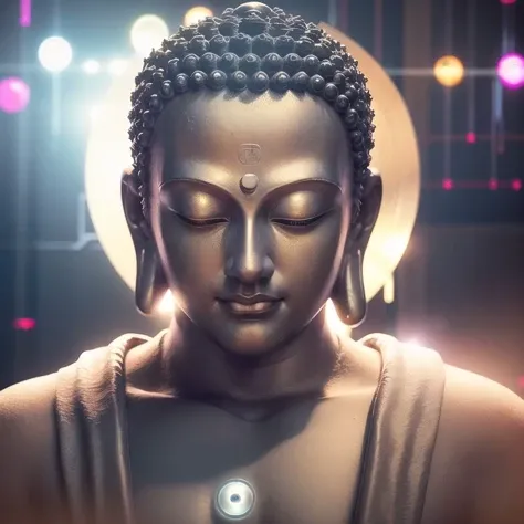 <lora:zyd232_BuddhaStatue_v1.1:0.8>, buddha statue, (metal:1.5), smooth, upper body, (light disk behind head:2), bright, ray tracing, (cyberpunk:1.6), (photorealistic:1.4), (best quality:1.0), (ultra highres:1.0), 8k, RAW photo, (masterpiece:0.2), ultra-detailed, 1male, portrait, detailed skin, (half closed eyes:1.2), sitting