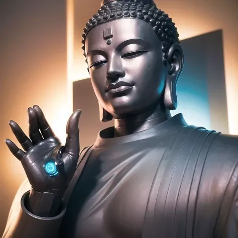 <lora:zyd232_BuddhaStatue_v1.1:0.8>, buddha statue, (metal:1.5), smooth, upper body, ray tracing, (cyborg:1.6), (cyberpunk background:1.5), (photorealistic:1.4), (best quality:1.0), (ultra highres:1.0), 8k, RAW photo, (masterpiece:0.2), ultra-detailed, 1male, detailed skin, (half closed eyes:1.2),