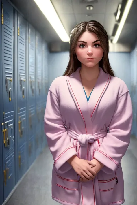 a photo of a hot S059_AvaBamby, in a (locker-room:1.1), wearing a (bathrobe), (8k, RAW photo, DOF, best quality, ultra high res, absurdres, intricate, photorealistic, masterpiece, ultra-detailed, Unreal Engine:1.35)
