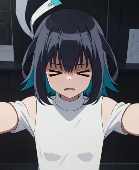 (masterpiece),best quality,Amazing,finely detail.Depth of field,(beautiful detailed eyes),<lora:KonohaAkisato-000014:0.7>,upper body,white_shirt,shoulder_cutout,skirt,ribbon,(|||EXPRESSION1|||:1),closed eyes,<lora:v_eyes:1>,