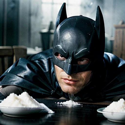 <lora:Batman:0.4>batman snorting lines of cocaine from a table