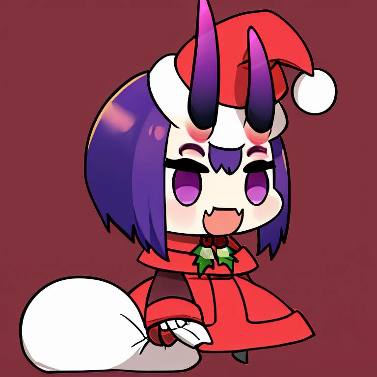 <lora:Padoru_Meme:1>, shuten_douji_(fate),
Padoru_Meme, 1girl, smile, short hair, open mouth, long sleeves, white background, dress, purple eyes, purple hair, :d, horns, fang, red dress, red headwear, two-tone background, oni horns, oni, skin-covered horns, holding sack