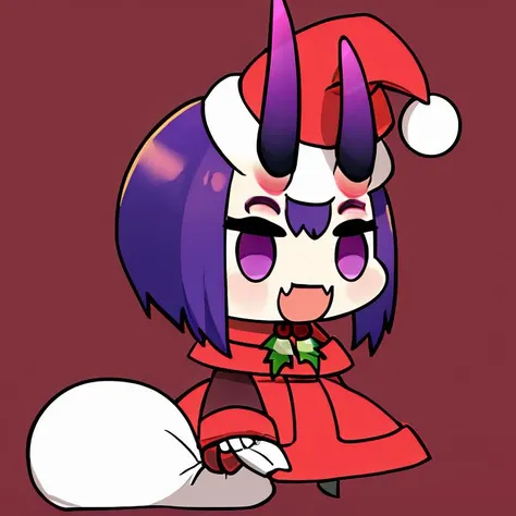 <lora:Padoru_Meme:1>,  shuten_douji_(fate),
Padoru_Meme, 1girl, smile, short hair, open mouth, long sleeves, white background, dress, purple eyes, purple hair, :d, horns, fang, red dress, red headwear, two-tone background, oni horns, oni, skin-covered horns, holding sack