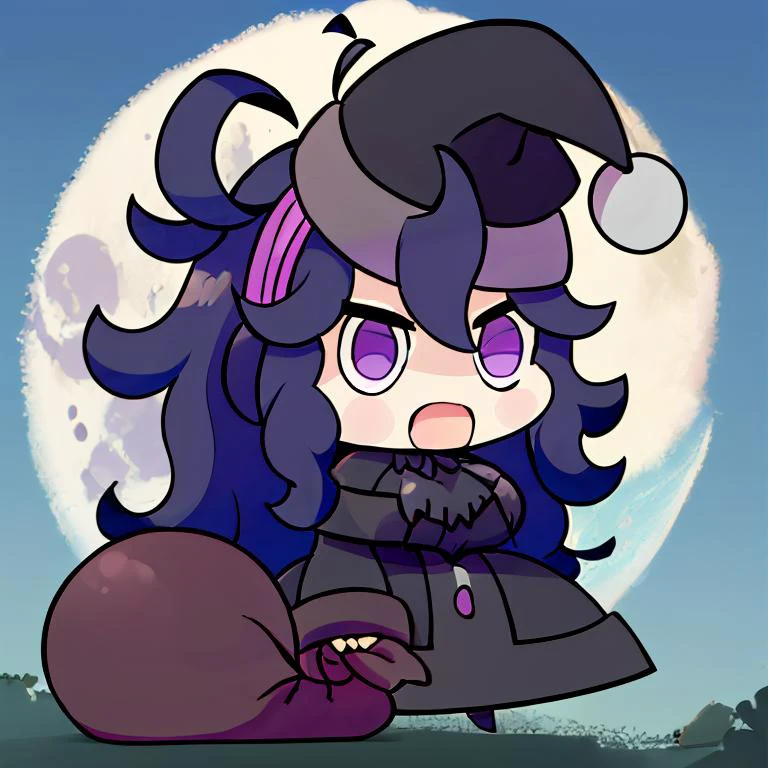 <lora:Padoru_Meme:1>, Padoru_Meme, open mouth, masterpiece, best quality, highres, aahex, hex maniac \(pokemon\), long hair, ahoge, purple hairband, purple eyes, @_@, large breasts, long dress, black dress, long sleeves, <lora:hex_maniac_v1:0.5>, arms behind back, outdoors, full moon,