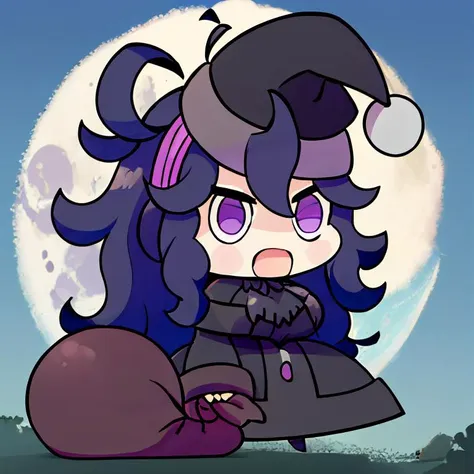 <lora:Padoru_Meme:1>, Padoru_Meme, open mouth, masterpiece, best quality, highres, aahex, hex maniac \(pokemon\), long hair, ahoge, purple hairband, purple eyes, @_@, large breasts, long dress, black dress, long sleeves, <lora:hex_maniac_v1:0.5>, arms behind back, outdoors, full moon,