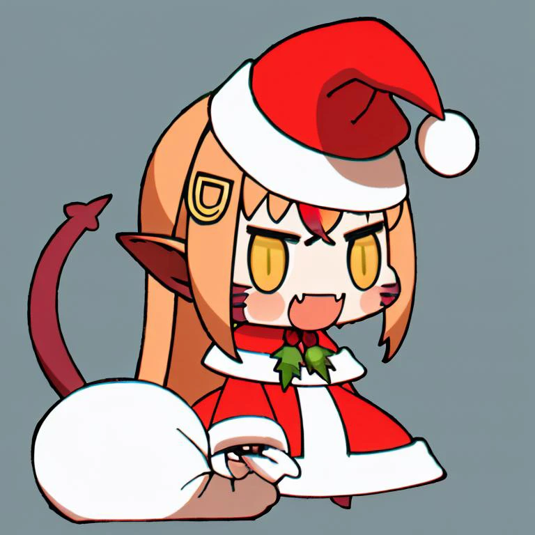 <lora:Padoru_Meme:1>,
Padoru_Meme, 1girl, long hair, smile, open mouth, hair ornament, holding, tail, yellow eyes, :d, red hair, pointy ears, hairclip, transparent background, blush stickers, monster girl, slit pupils, red headwear, meme, chromatic aberration, scales, lamia