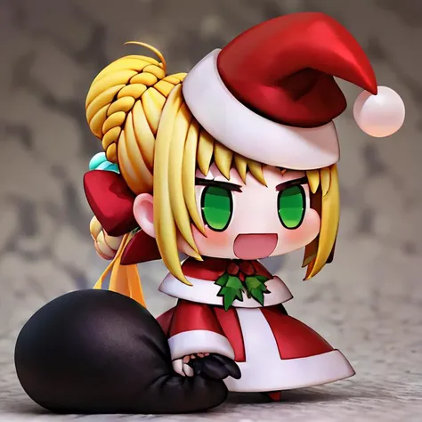 <lora:Padoru_Meme:1>,
Padoru_Meme, 1girl, blush, smile, open mouth, blonde hair, long sleeves, dress, holding, green eyes, braid, ahoge, :d, hair bun, red dress, single hair bun, red headwear, meme, holding sack