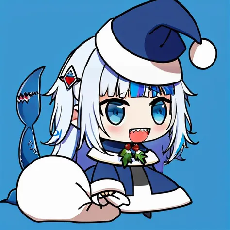 <lora:Padoru_Meme:1>,  gawr_gura,
Padoru_Meme, 1girl, long hair, blush, smile, open mouth, blue eyes, simple background, hair ornament, long sleeves, white background, holding, blue hair, standing, tail, full body, :d, grey hair, teeth, wide sleeves, blunt bangs, two side up, streaked hair, sleeves past wrists, sharp teeth, blue headwear, meme, fish tail, shark tail, shark girl, shark hair ornament, holding sack