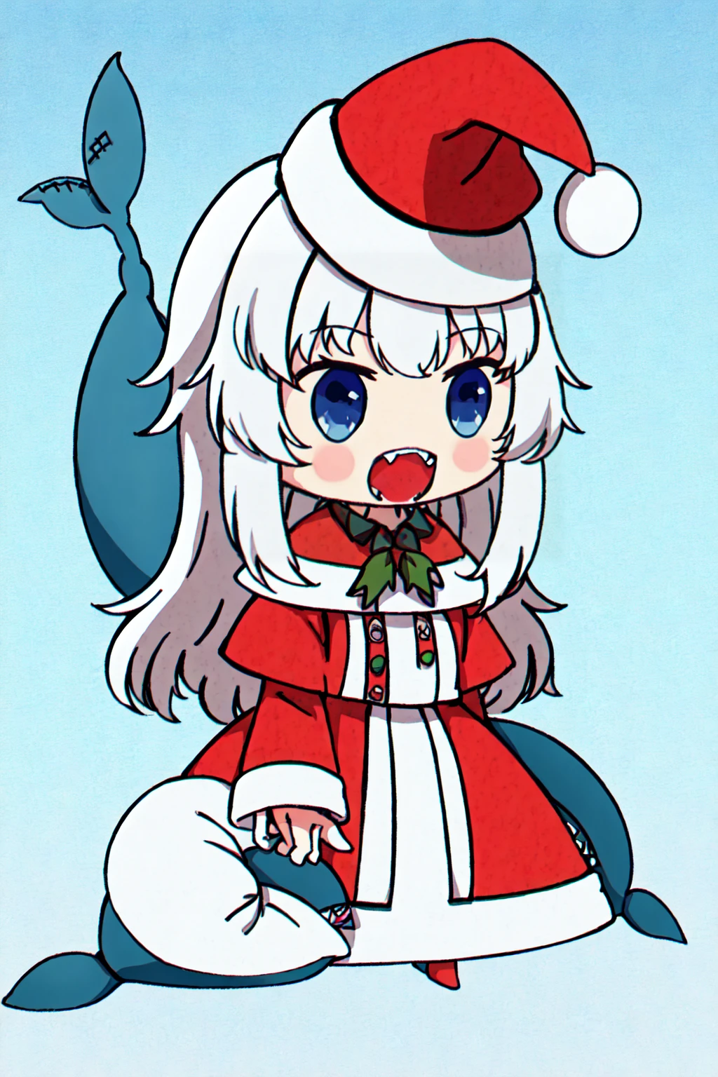 PADORU PADORU, Gwar Gura, Vtuber , hololive, white hair, shark costume, Padoru_Meme, open mouth, <lora:Padoru_Meme:0.8>