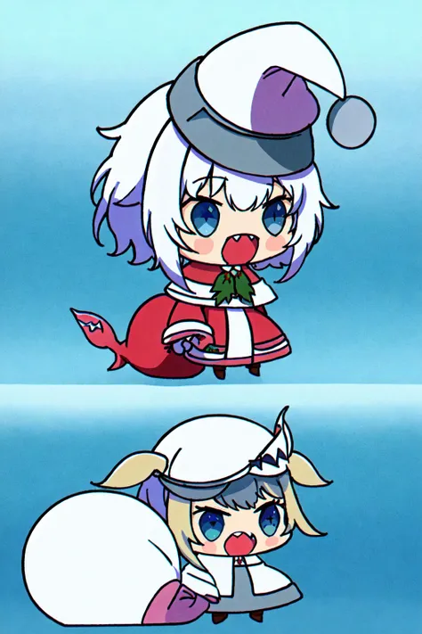 PADORU PADORU, Gwar Gura, Vtuber , hololive, white hair, shark costume, Padoru_Meme, open mouth, <lora:Padoru_Meme:0.8>
