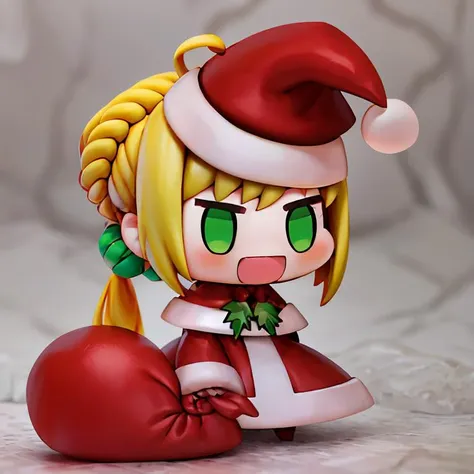 <lora:Padoru_Meme:1>,  
Padoru_Meme, 1girl, blush, smile, open mouth, blonde hair, long sleeves, dress, holding, green eyes, braid, ahoge, :d, hair bun, red dress, single hair bun, red headwear, meme, holding sack