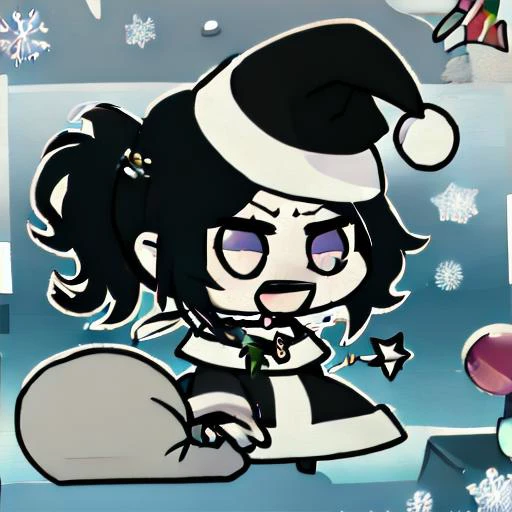Padoru_Meme, ashleyvk, 1girl, solo, black hair, chibi_eyes, open mouth, white_teeth, medium breasts, choker, medium hair, (upper body:.6), anime coloring, low ponytail, colored, red_dress, christmas ornaments,  christmas tree,  masterpiece, high quality