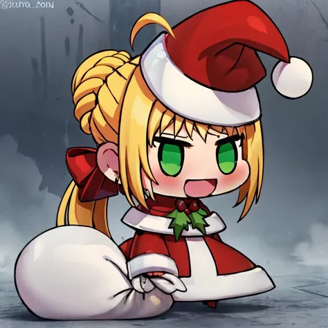 <lora:Padoru_Meme:1>,  
Padoru_Meme, 1girl, blush, smile, open mouth, blonde hair, long sleeves, dress, holding, green eyes, braid, ahoge, :d, hair bun, red dress, single hair bun, red headwear, meme, holding sack