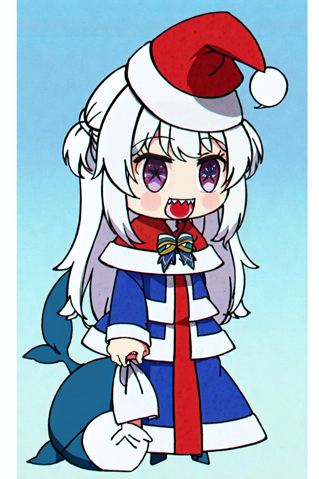 PADORU PADORU, Gwar Gura, Vtuber , hololive, white hair, shark costume, Padoru_Meme, open mouth, <lora:Padoru_Meme:0.8>