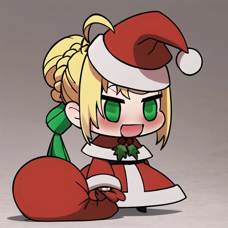 <lora:Padoru_Meme:1>,
Padoru_Meme, 1girl, blush, smile, open mouth, blonde hair, long sleeves, dress, holding, green eyes, braid, ahoge, :d, hair bun, red dress, single hair bun, red headwear, meme, holding sack