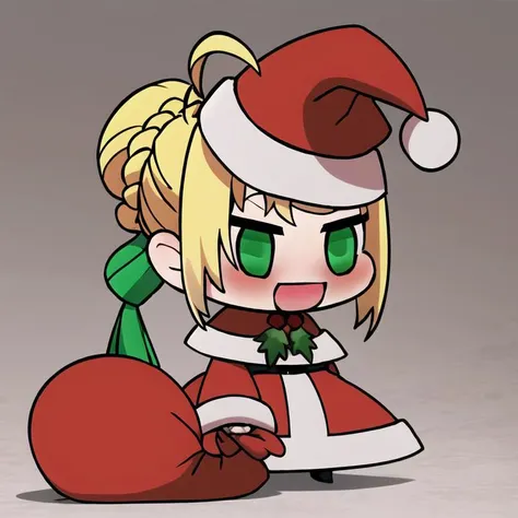 <lora:Padoru_Meme:1>,  
Padoru_Meme, 1girl, blush, smile, open mouth, blonde hair, long sleeves, dress, holding, green eyes, braid, ahoge, :d, hair bun, red dress, single hair bun, red headwear, meme, holding sack