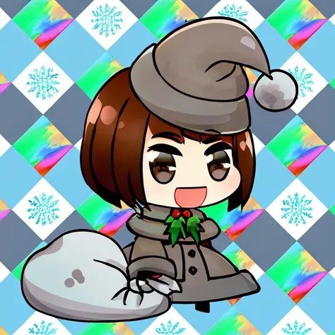 <lora:Padoru_Meme:1>, Padoru_Meme, open mouth, ((masterpiece,best quality)), absurdres,  <lora:gloria_(pokemon)_v1:0.5>,  gloria \(pokemon\), brown hair, solo, backpack, brown eyes, tam o' shanter, grey cardigan, pink dress, short hair, green socks, socks, brown bag, bob cut, bangs, long sleeves, collared dress,  solo, smiling, looking at viewer, cowboy shot,  ,