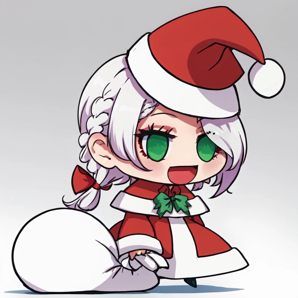 <lora:Padoru_Meme:0.8> Padoru_Meme, open mouth, holding, long sleeves, holding sack, smile, meme, :d, red coat, red headwear <lora:IvyFrost_UG_v1:0.5> ivyfrost_ug, 1girl, green eyes, white hair, bow in braid, single side braid, long hair, hair over one eye, eyeshadow, prettyeyes