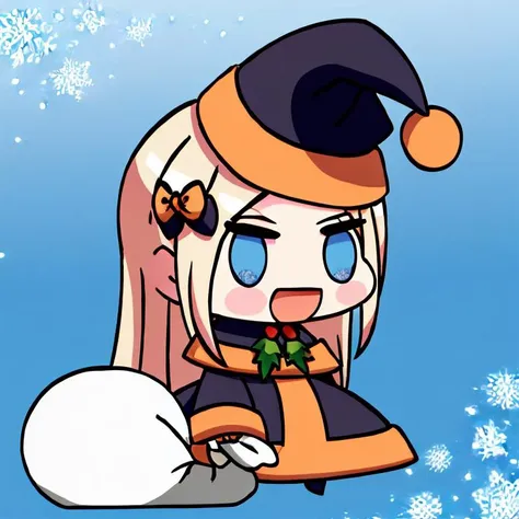 <lora:Padoru_Meme:1>,  
Padoru_Meme, 1girl, long hair, blush, smile, open mouth, blue eyes, blonde hair, long sleeves, dress, bow, holding, very long hair, standing, :d, hair bow, black dress, v-shaped eyebrows, sleeves past wrists, parted bangs, black headwear, black bow, blue background, blush stickers, meme, orange bow, snowflakes, black capelet, holding sack