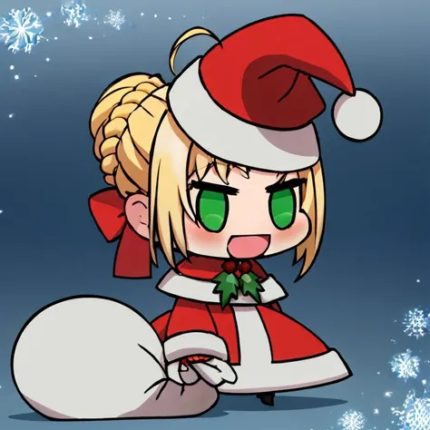 <lora:Padoru_Meme:1>,  
Padoru_Meme, 1girl, blush, smile, open mouth, blonde hair, long sleeves, dress, holding, green eyes, braid, ahoge, :d, hair bun, red dress, single hair bun, red headwear, meme, holding sack