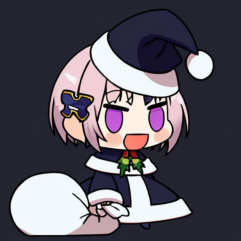 <lora:Padoru_Meme:1>,  
Padoru_Meme, 1girl, smile, short hair, open mouth, blue eyes, simple background, long sleeves, bow, holding, purple eyes, :d, hair bow, black headwear, cross, black background, meme, iron cross, holding sack