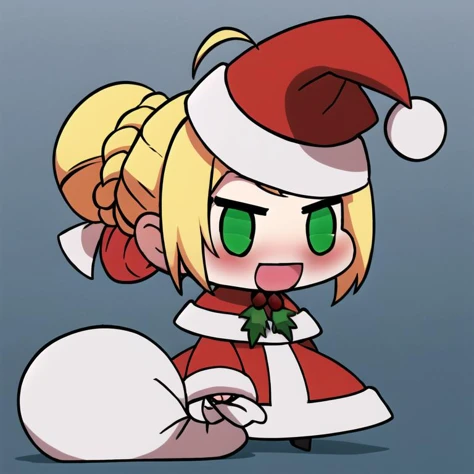 <lora:Padoru_Meme:1>,  
Padoru_Meme, 1girl, blush, smile, open mouth, blonde hair, long sleeves, dress, holding, green eyes, braid, ahoge, :d, hair bun, red dress, single hair bun, red headwear, meme, holding sack