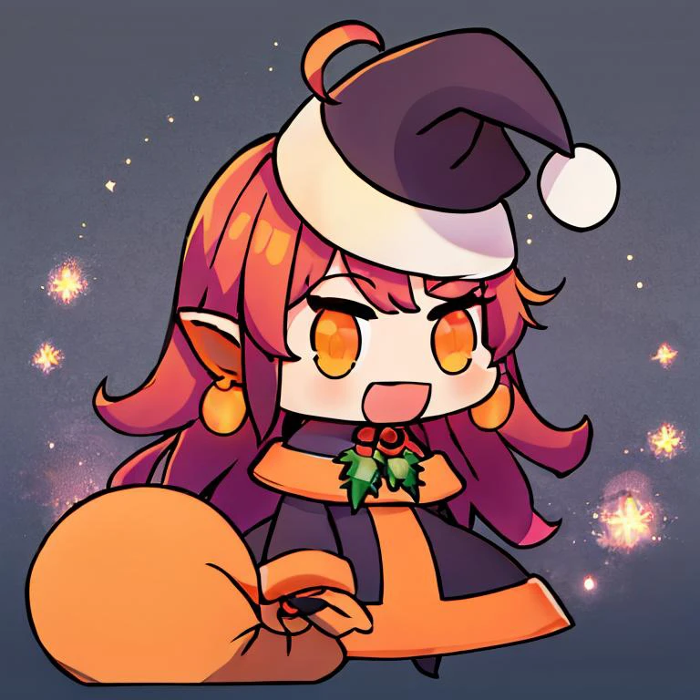 <lora:Padoru_Meme:1>, Padoru_Meme, open mouth, ((masterpiece,best quality)), absurdres, <lora:Stardust_Pumpkins_Citron_OC_Anime:0.5>, Stardust_Pumpkins_Citron_OC, 1girl, solo, long purple hair, orange eyes, ahoge, pointy ears, orange dress, elbow gloves, bare shoulders, maid headdress, jewelry, earrings, solo, smiling, looking at viewer, cowboy shot, , ,