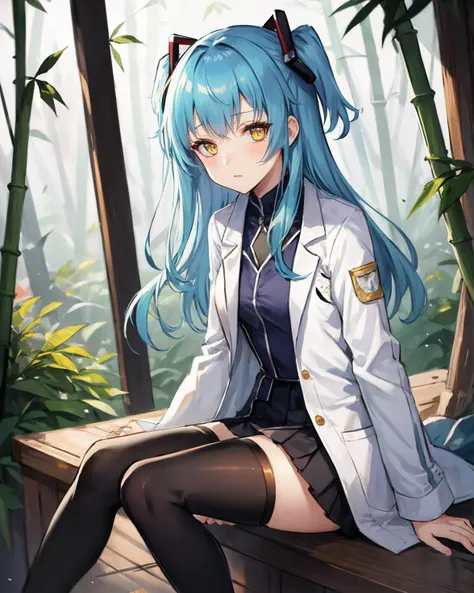 best quality, (masterpiece:1.2), illustration, absurdres,
(1girl, solo), (beautiful detailed girl),
<lora:TioCS3:0.9>, Tio Plato, yellow eyes, aqua hair, long hair, two side up, small breasts,
fake animal ears,
(lab coat:1.1), black dress, pleated skirt, black thighhighs, grey boots,
looking at viewer,
in bamboo forest, chinese architecture, stream,,
(legs apart:1.2), (upper body, portrait),