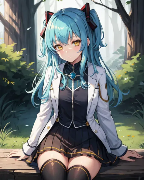 best quality, (masterpiece:1.2), illustration, absurdres,
(1girl, solo), (beautiful detailed girl),
<lora:TioCS3:0.9>, Tio Plato, yellow eyes, aqua hair, long hair, two side up, small breasts,
fake animal ears,
(lab coat:1.1), black dress, pleated skirt, black thighhighs, grey boots,
looking at viewer,
swamp, trees, plants, fog, mist,,
(lying:1.2), (upper body, portrait),