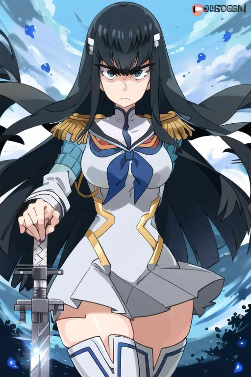 ((best quality)), ((highly detailed)), masterpiece, (detailed eyes, deep eyes), (1girl), cowboy shot, <lora:kiryuinSatsukiKillLaKill:.9>, kiryuin satsuki, (((serious expression))), junketsu, epaulettes, school uniform, skirt, white thigh boots, weapon, sword, <lora:TwistedGrim Style:.7>, TwistedGrim