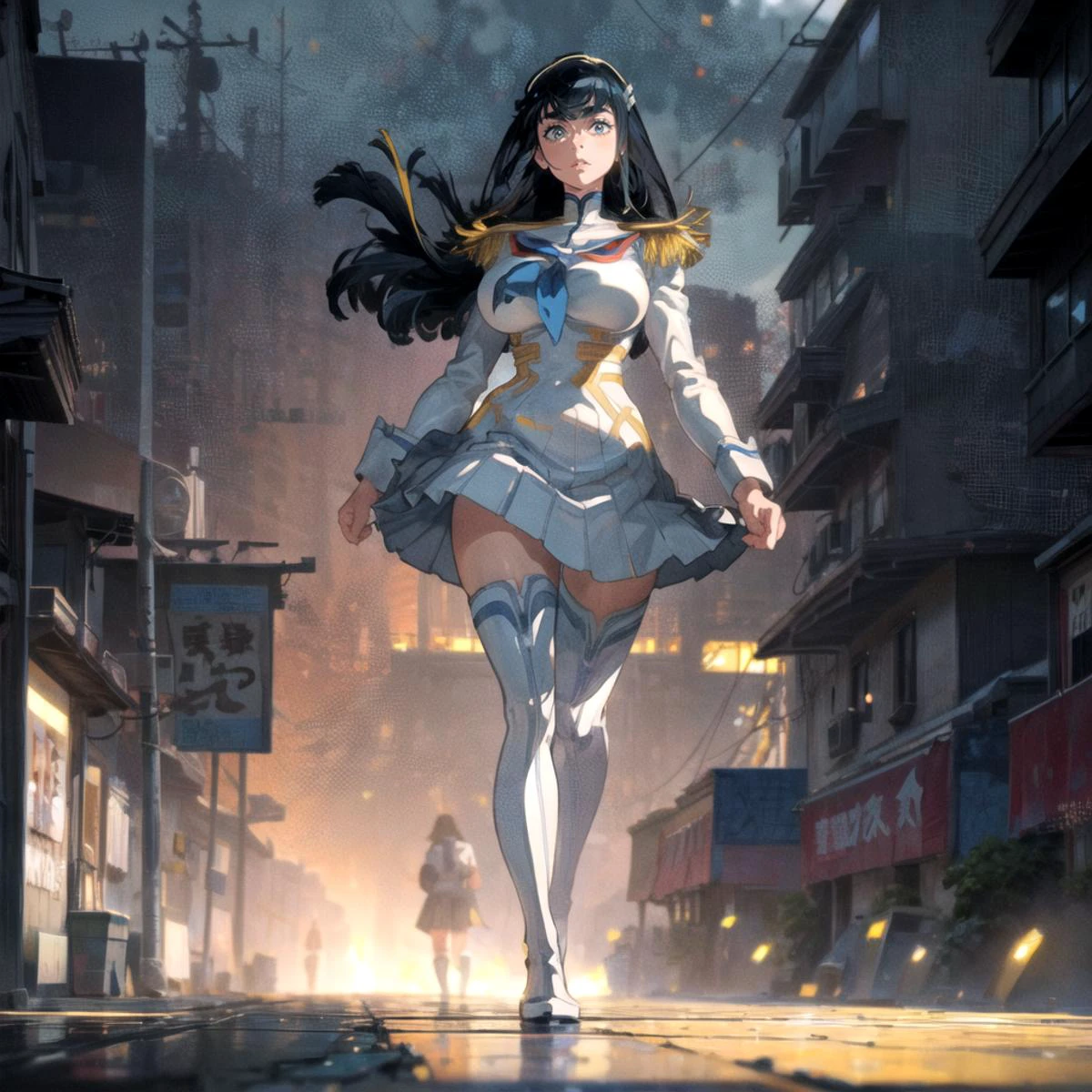 (masterpiece), (best quality), (detailed), 1girl, (solo), curvy, (huge breasts), junketsu, epaulettes, school uniform, skirt, white thigh boots, kiryuin satsuki, <lora:KiryuinSatsuki:0.8>, walking, Japanese countrytown, full body, shinkai makoto, <lora:shinkai_makoto_offset:0.75>, (realistic), photorealistic, octane render, hyperrealistic, sharp focus, (8k), (4k), extremely detailed, intricate, hyper detailed, illustration, dynamic angle:1.3