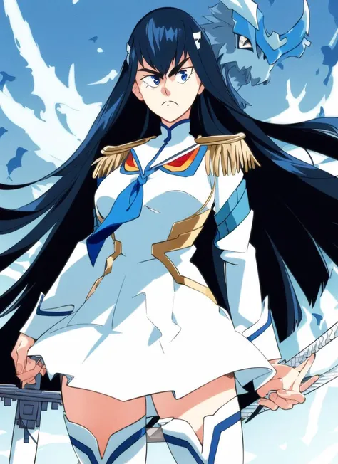 ((best quality)), ((highly detailed)), masterpiece, (detailed eyes, deep eyes), (1girl), cowboy shot, <lora:kiryuinSatsukiKillLaKill:1>, kiryuin satsuki, (((serious expression))), junketsu, epaulettes, school uniform, skirt, white thigh boots, weapon, sword, <lora:SuoiresnuStyle:.9>, (plain lighting)