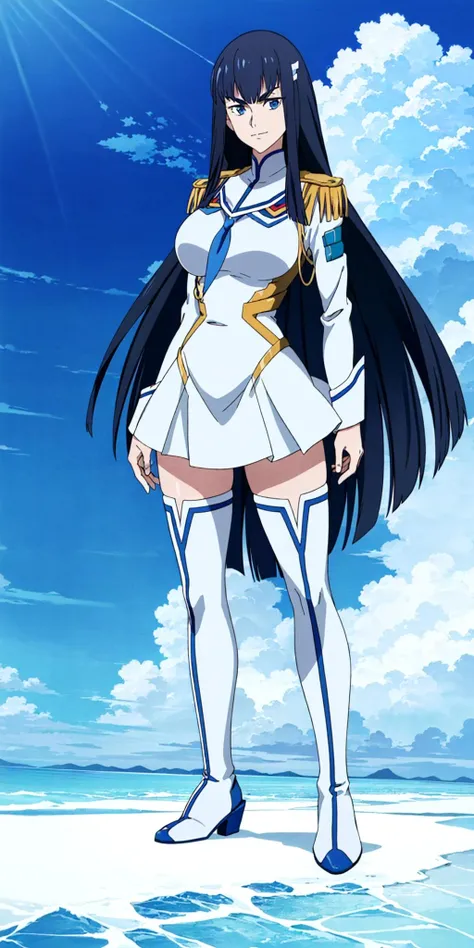 masterpiece, high quality, best quality, 1girl, (muscular female:1.0), (super gigantic breasts:1.0), (closed mouth, half smile), kiryuin satsuki, blue eyes, epaulettes, hairclip, school uniform, skirt, white thigh boots, anime screencap, anime key visual, (fully clothed:1.0), full body <lora:KiryuinSatsuki:1.0>