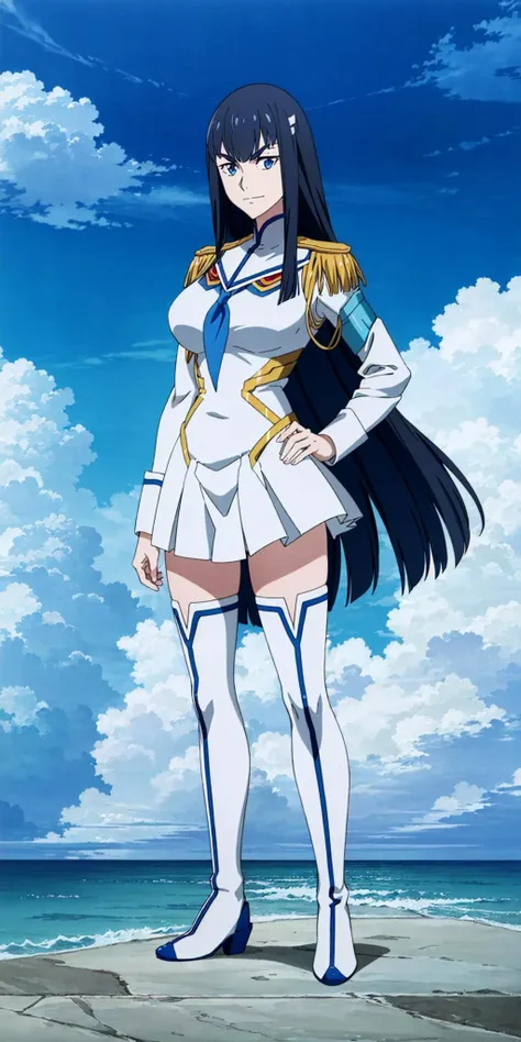 masterpiece, high quality, best quality, 1girl, (muscular female:1.0), (super gigantic breasts:1.0), (closed mouth, half smile), kiryuin satsuki, blue eyes, epaulettes, hairclip, school uniform, skirt, white thigh boots, anime screencap, anime key visual, (fully clothed:1.0), full body <lora:KiryuinSatsuki:1.0>