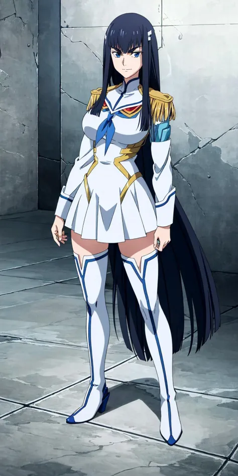 masterpiece, high quality, best quality, 1girl, (muscular female:1.0), (super gigantic breasts:1.0), (closed mouth, half smile), kiryuin satsuki, blue eyes, epaulettes, hairclip, school uniform, skirt, white thigh boots, anime screencap, anime key visual, (fully clothed:1.0), full body <lora:KiryuinSatsuki:1.0>