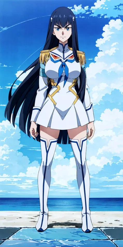 masterpiece, high quality, best quality, 1girl, (muscular female:1.0), (super gigantic breasts:1.0), (closed mouth, half smile), kiryuin satsuki, blue eyes, epaulettes, hairclip, school uniform, skirt, white thigh boots, anime screencap, anime key visual, (fully clothed:1.0), full body <lora:KiryuinSatsuki:1.0>
