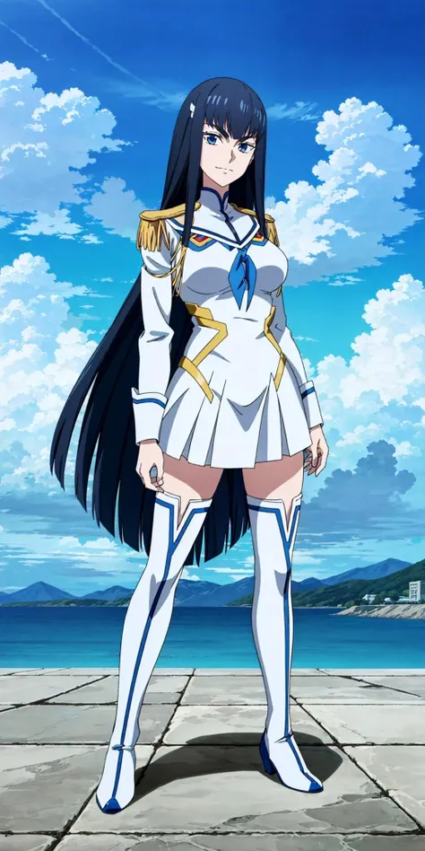 masterpiece, high quality, best quality, 1girl, (muscular female:1.0), (super gigantic breasts:1.0), (closed mouth, half smile), kiryuin satsuki, blue eyes, epaulettes, hairclip, school uniform, skirt, white thigh boots, anime screencap, anime key visual, (fully clothed:1.0), full body <lora:KiryuinSatsuki:1.0>