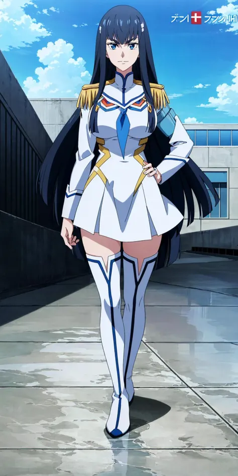 masterpiece, high quality, best quality, 1girl, (muscular female:1.0), (super gigantic breasts:1.0), (closed mouth, half smile), kiryuin satsuki, blue eyes, epaulettes, hairclip, school uniform, skirt, white thigh boots, anime screencap, anime key visual, (fully clothed:1.0), full body <lora:KiryuinSatsuki:1.0>