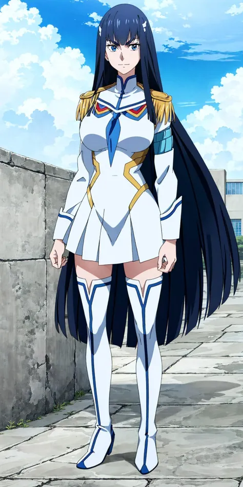 masterpiece, high quality, best quality, 1girl, (muscular female:1.0), (super gigantic breasts:1.0), (closed mouth, half smile), kiryuin satsuki, blue eyes, epaulettes, hairclip, school uniform, skirt, white thigh boots, anime screencap, anime key visual, (fully clothed:1.0), full body <lora:KiryuinSatsuki:1.0>