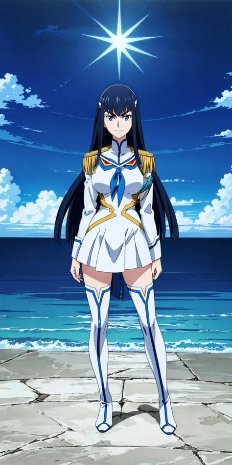 masterpiece, high quality, best quality, 1girl, (muscular female:1.0), (super gigantic breasts:1.0), (closed mouth, half smile), kiryuin satsuki, blue eyes, epaulettes, hairclip, school uniform, skirt, white thigh boots, anime screencap, anime key visual, (fully clothed:1.0), full body <lora:KiryuinSatsuki:1.0>
