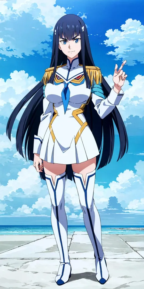 masterpiece, high quality, best quality, 1girl, (muscular female:1.0), (super gigantic breasts:1.0), (closed mouth, half smile), kiryuin satsuki, blue eyes, epaulettes, hairclip, school uniform, skirt, white thigh boots, anime screencap, anime key visual, (fully clothed:1.0), full body <lora:KiryuinSatsuki:1.0>