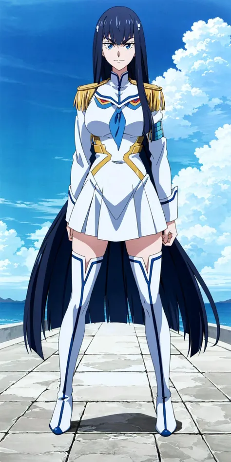 masterpiece, high quality, best quality, 1girl, (muscular female:1.0), (super gigantic breasts:1.0), (closed mouth, half smile), kiryuin satsuki, blue eyes, epaulettes, hairclip, school uniform, skirt, white thigh boots, anime screencap, anime key visual, (fully clothed:1.0), full body <lora:KiryuinSatsuki:1.0>