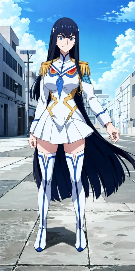 masterpiece, high quality, best quality, 1girl, (muscular female:1.0), (super gigantic breasts:1.0), (closed mouth, half smile), kiryuin satsuki, junketsu, epaulettes, school uniform, skirt, white thigh boots, anime screencap, anime key visual, (fully clothed:1.0), full body <lora:KiryuinSatsuki:1>