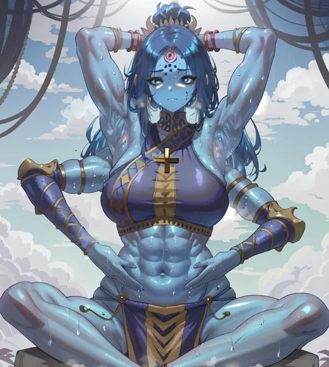 blue skin,armpits,shiny skin,sweat,top hands out,bottom hands out,armpits,indian clothes,indian style,thick thighs,wide hips,thicc,muscular,steam,1girl,cross sitting,crossed legs,above clouds,backlighting, <lora:ExtraArms:0.6>, <lora:multiarm-4_16x8-4x1:0.6>,extraarms,extra arms,4arm,