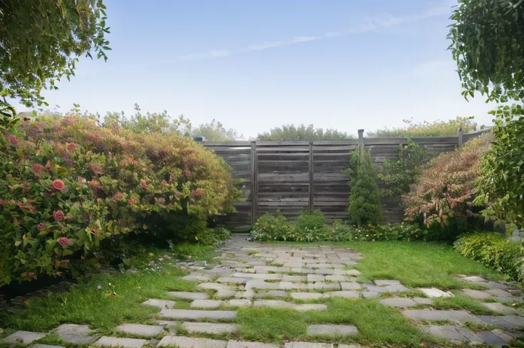 a garden with a square shed and wooden fence, roses in bloom <lora:Grienden_Style-000009:0.8>