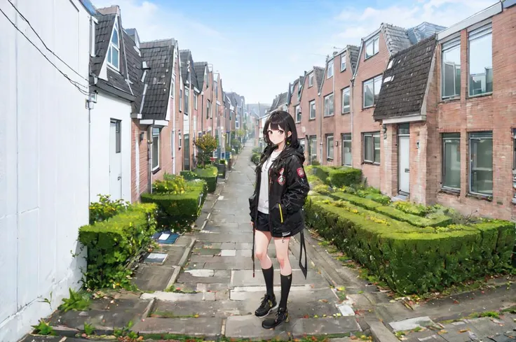 high res, 1girl, (upper body:1.2), standing in the back street carpark of a row of multi levelled square red brick houses <lora:Grienden_Style:0.8>,  <lora:0 ALPShaiji:0.2>